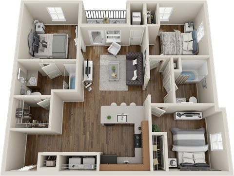 Floor plan for 3 beds, 2 baths, 1040 sqft